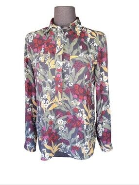 Loft Floral Button-Front Blouse Semi Sheer Roll Tab Sleeves Botanical